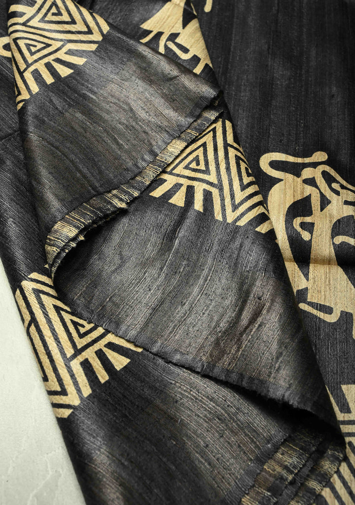 Charcoal Black Handloom Tribal Tussar Madhubani Katiya Saree With Hand Block Print | SILK MARK CERTIFIED