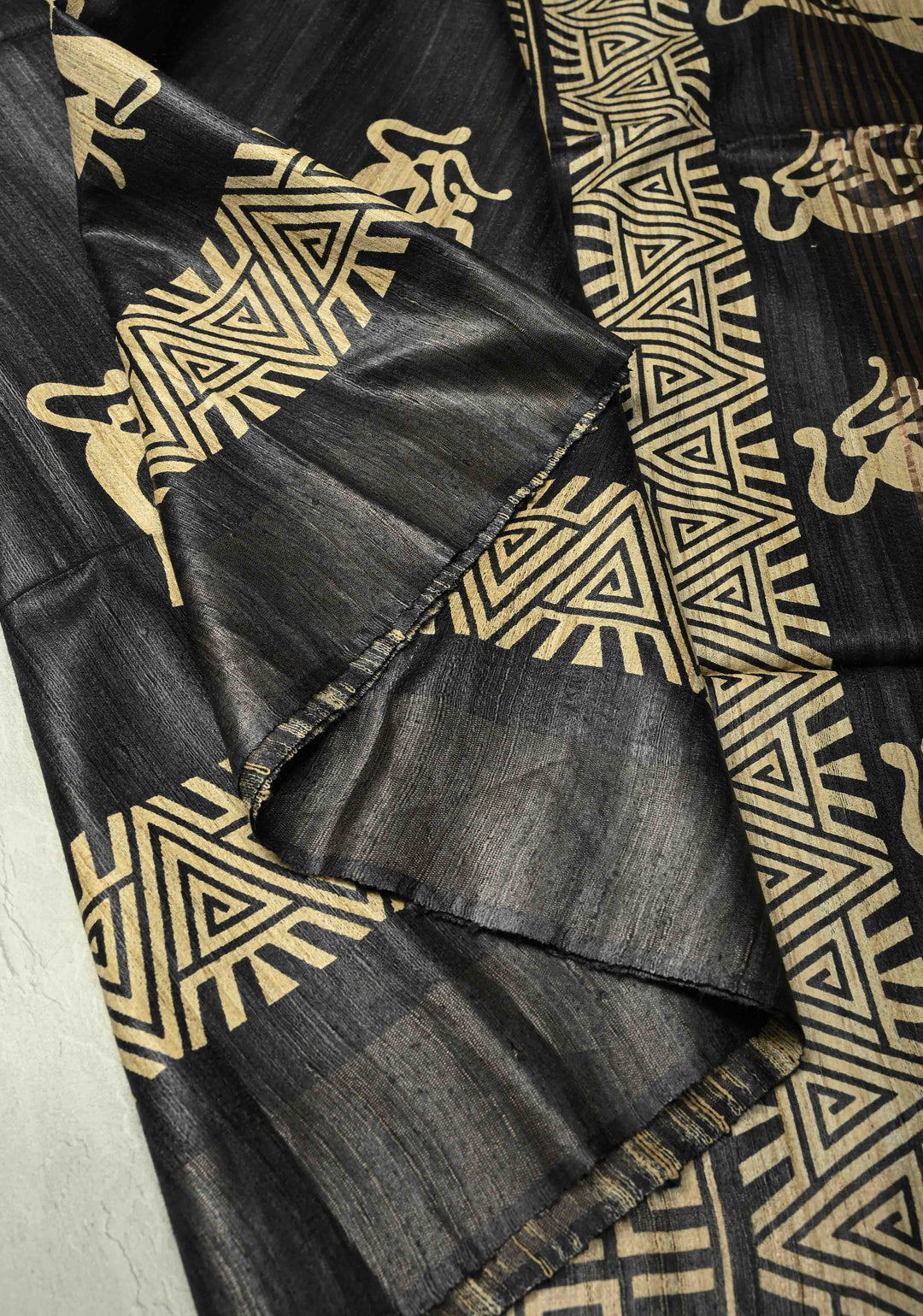Charcoal Black Handloom Tribal Tussar Madhubani Katiya Saree With Hand Block Print | SILK MARK CERTIFIED