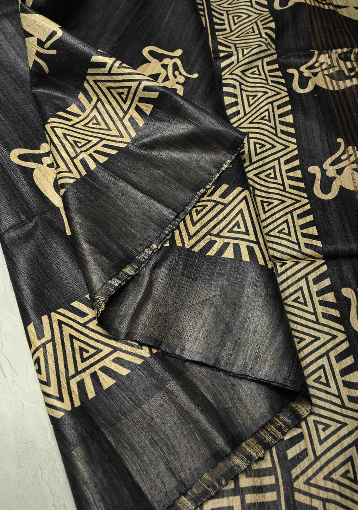 Charcoal Black Handloom Tribal Tussar Madhubani Katiya Saree With Hand Block Print | SILK MARK CERTIFIED