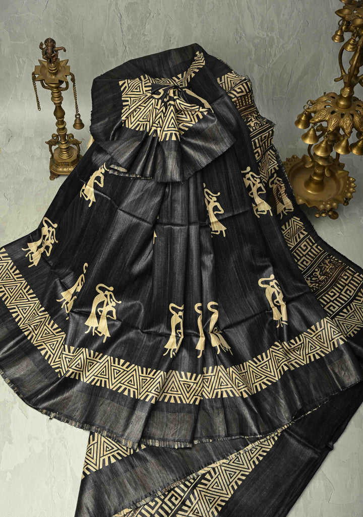 Charcoal Black Handloom Tribal Tussar Madhubani Katiya Saree With Hand Block Print | SILK MARK CERTIFIED