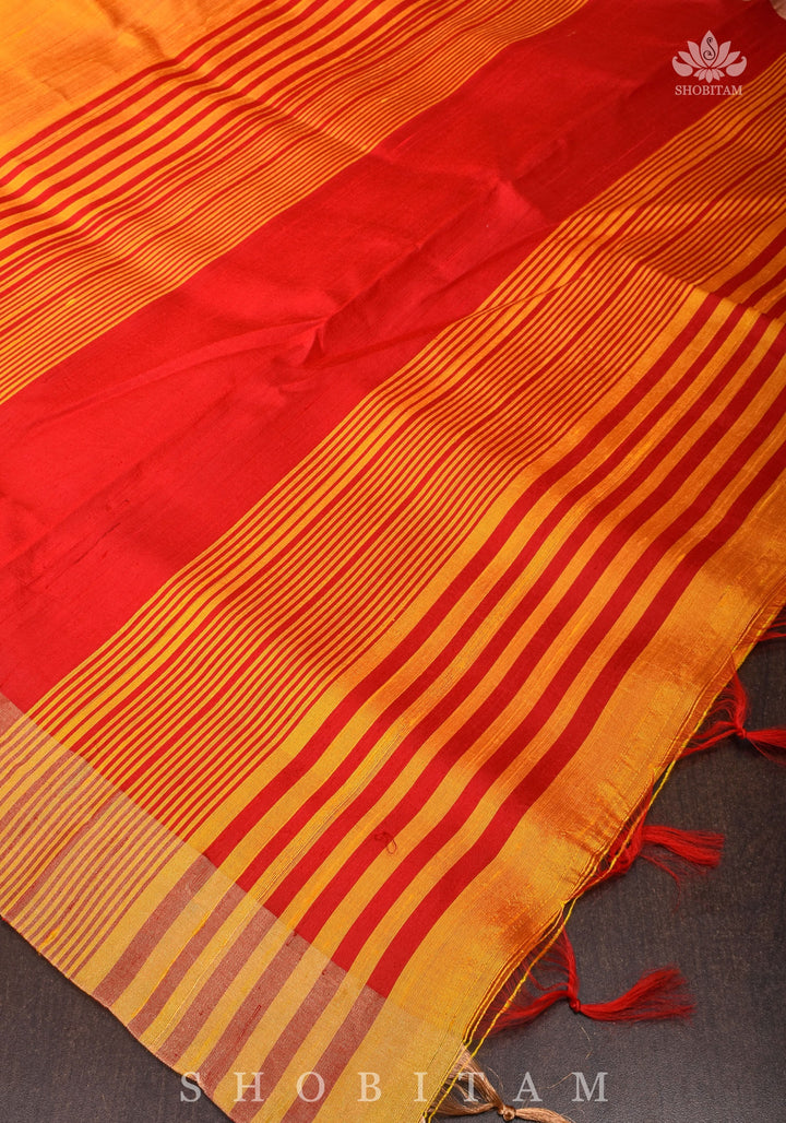 Pure Raw Silk Saree in Orange & Red Dual Tone and Zari Border | SILK MARK CERTIFIED