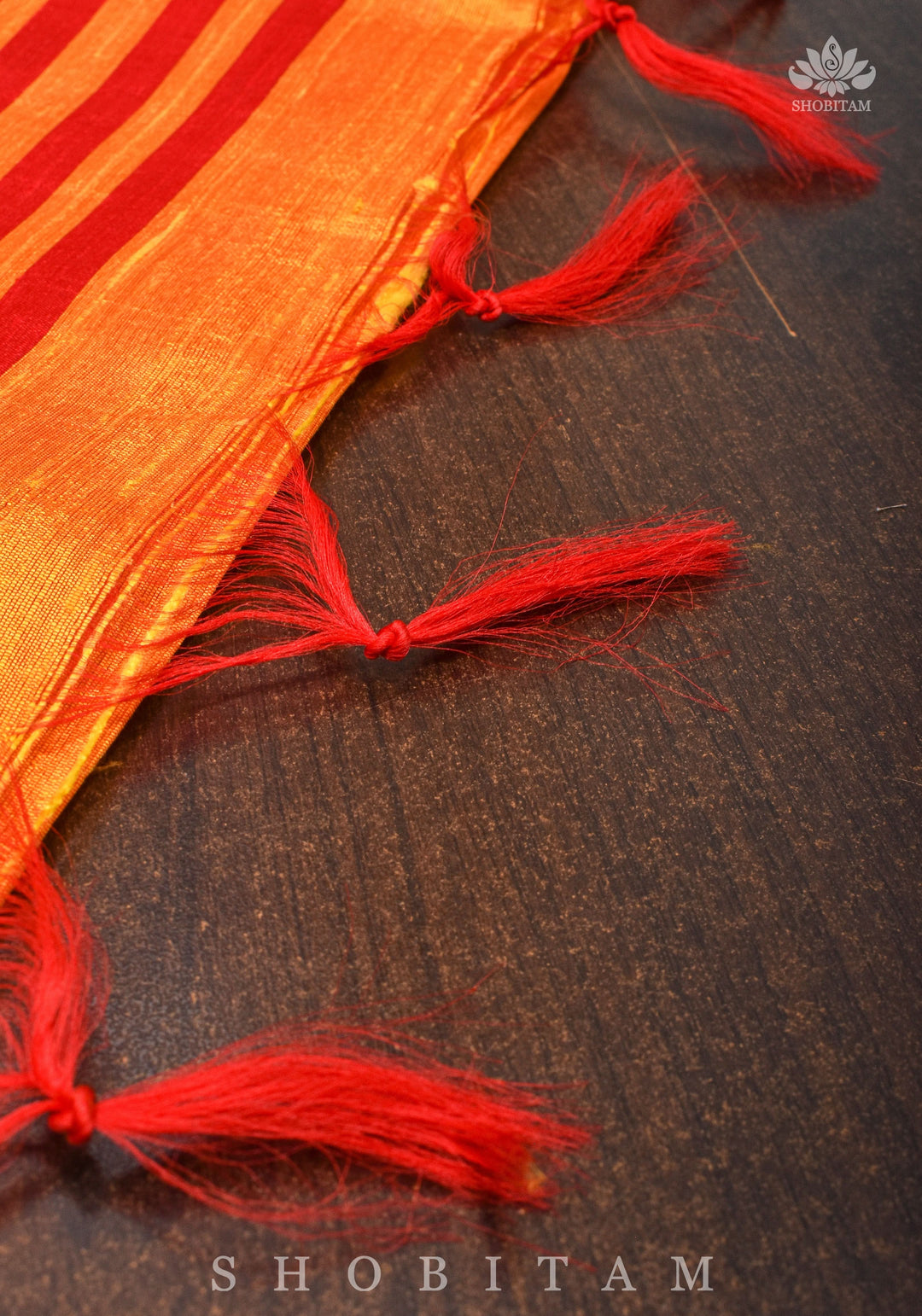 Pure Raw Silk Saree in Orange & Red Dual Tone and Zari Border | SILK MARK CERTIFIED