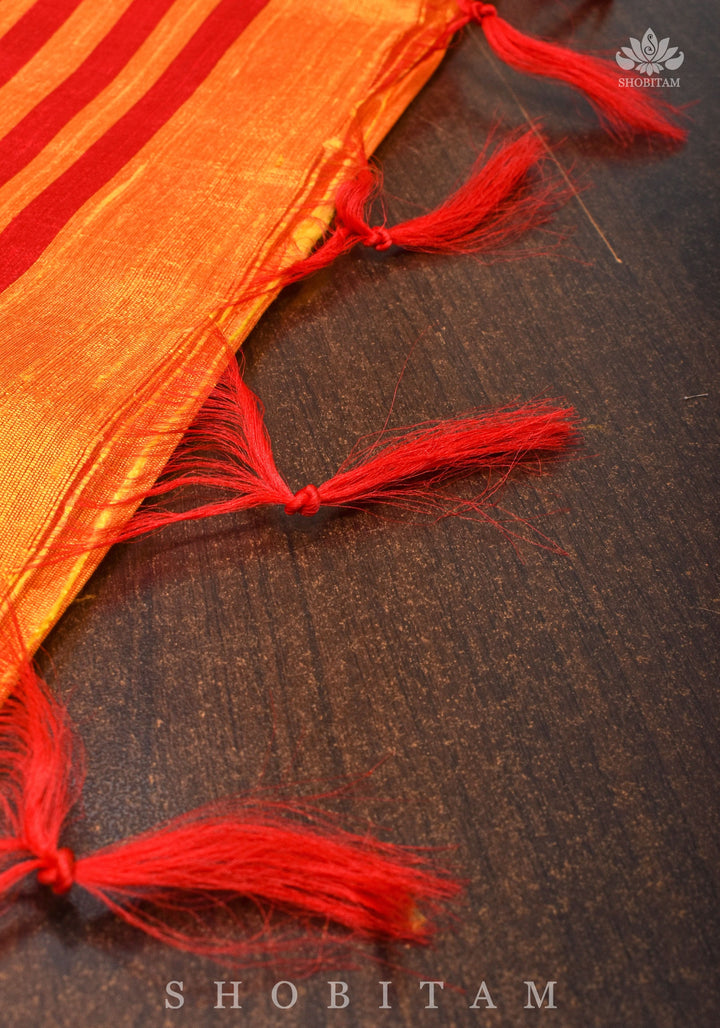 Pure Raw Silk Saree in Orange & Red Dual Tone and Zari Border | SILK MARK CERTIFIED