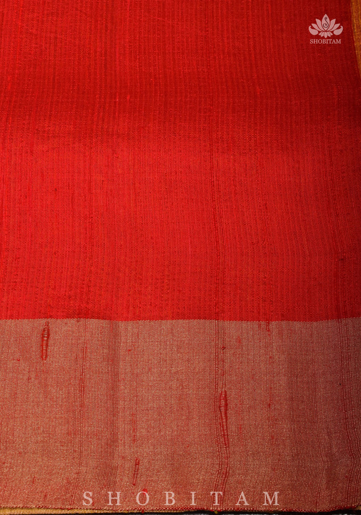 Pure Raw Silk Saree in Orange & Red Dual Tone and Zari Border | SILK MARK CERTIFIED