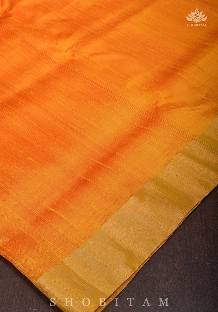 Pure Raw Silk Saree in Orange & Red Dual Tone and Zari Border | SILK MARK CERTIFIED