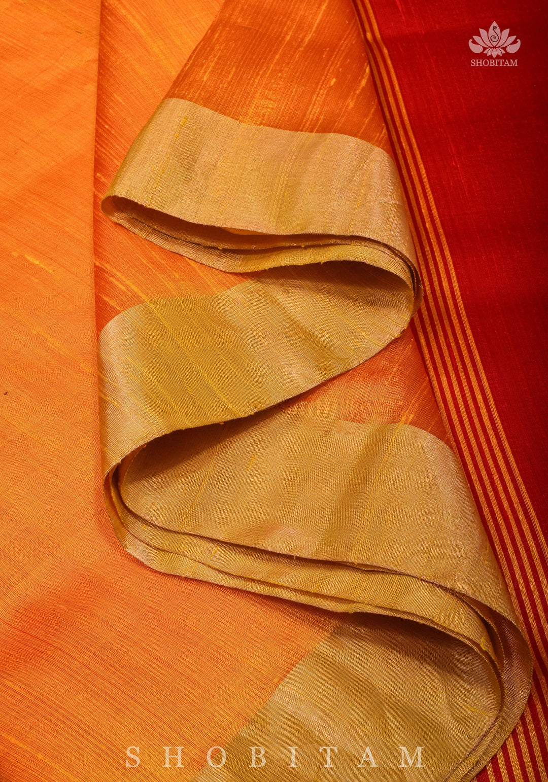 Pure Raw Silk Saree in Orange & Red Dual Tone and Zari Border | SILK MARK CERTIFIED