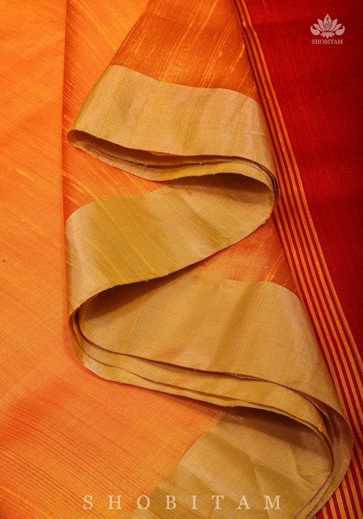 Pure Raw Silk Saree in Orange & Red Dual Tone and Zari Border | SILK MARK CERTIFIED
