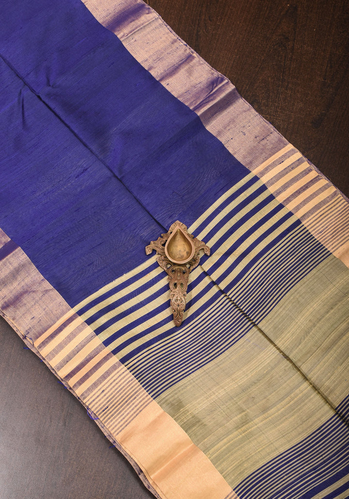 Pure Raw Silk Saree in Blue and Tissue Zari Border | SILK MARK CERTIFIED