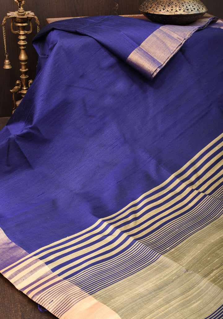 Pure Raw Silk Saree in Blue and Tissue Zari Border | SILK MARK CERTIFIED