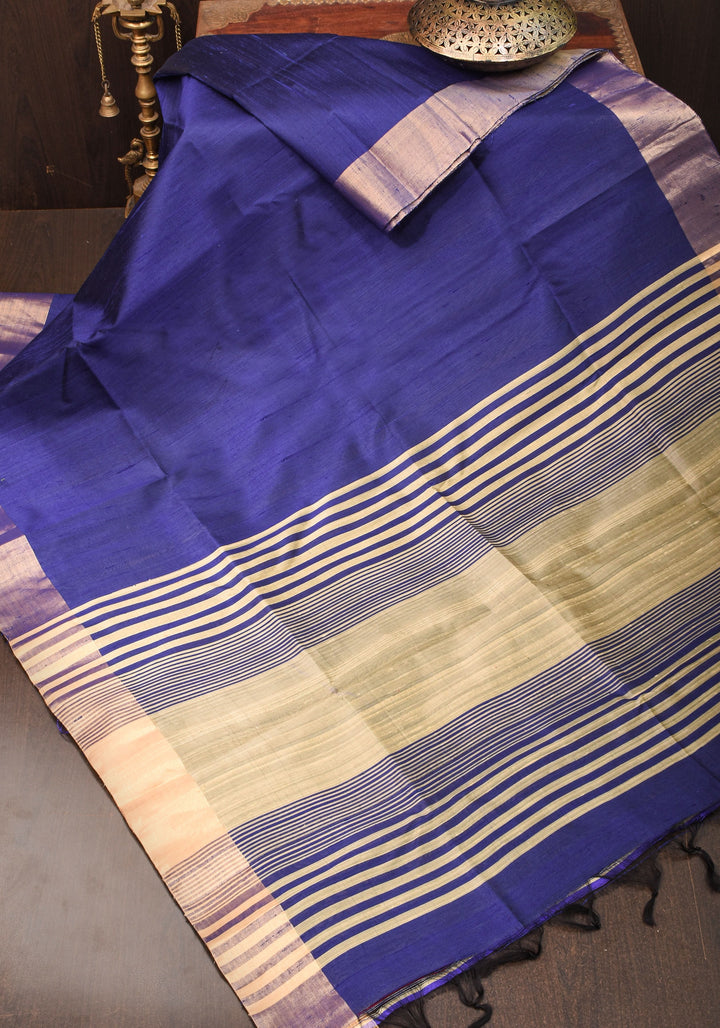 Pure Raw Silk Saree in Blue and Tissue Zari Border | SILK MARK CERTIFIED