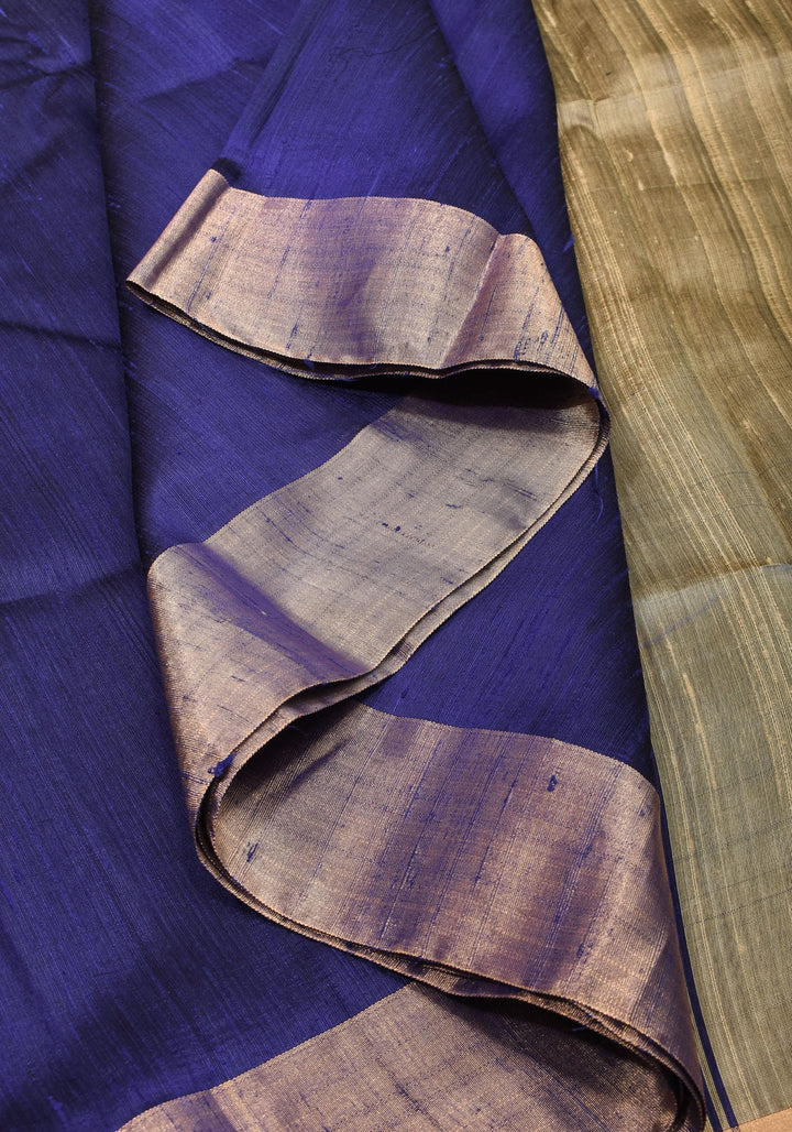 Pure Raw Silk Saree in Blue and Tissue Zari Border | SILK MARK CERTIFIED
