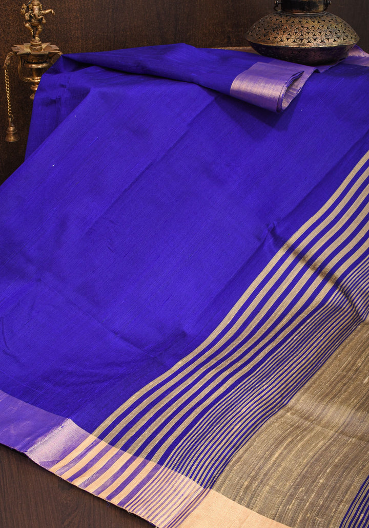 Royal Blue Pure Raw Silk Saree and Tissue Zari Border | SILK MARK CERTIFIED | SHOBITAM