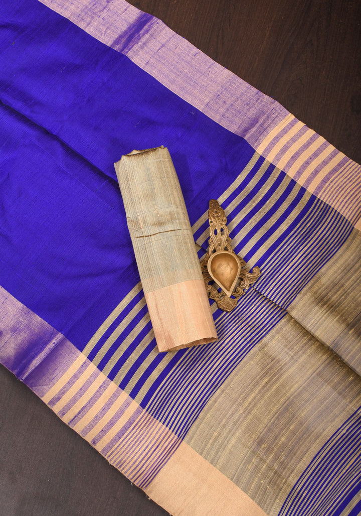 Royal Blue Pure Raw Silk Saree and Tissue Zari Border | SILK MARK CERTIFIED | SHOBITAM