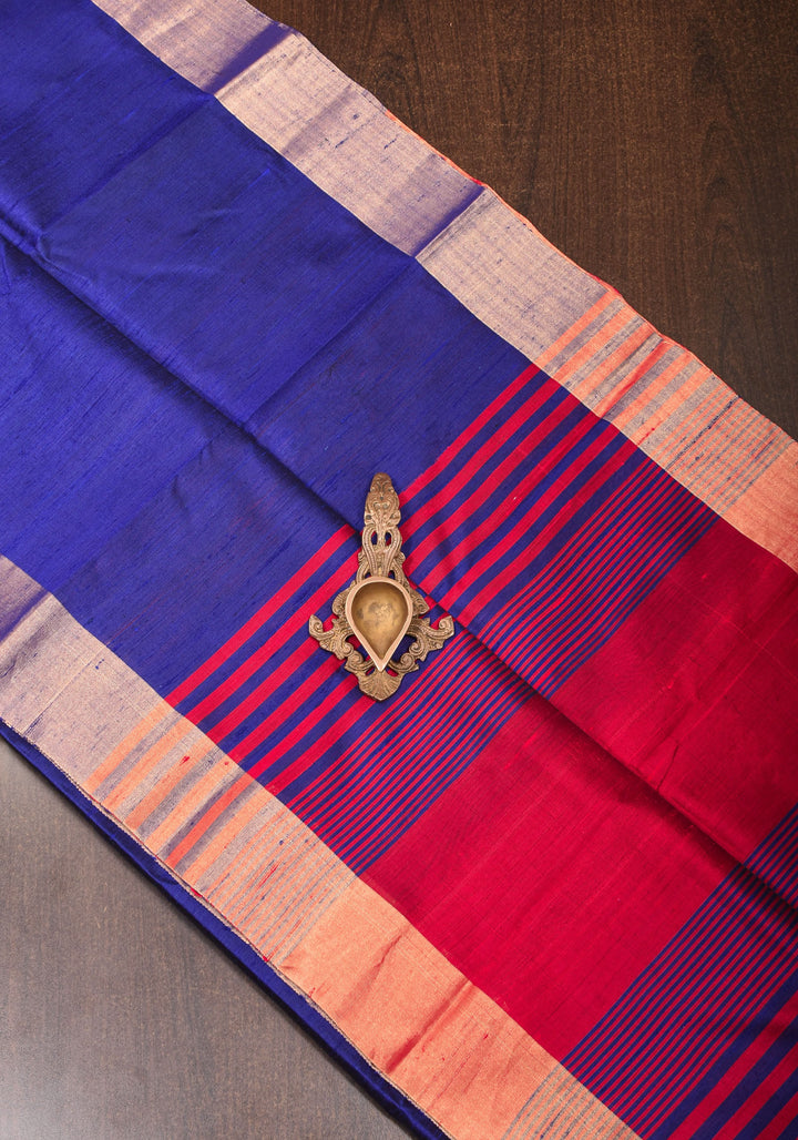 Pure Raw Silk Saree in Blue and  Zari Border | SILK MARK CERTIFIED