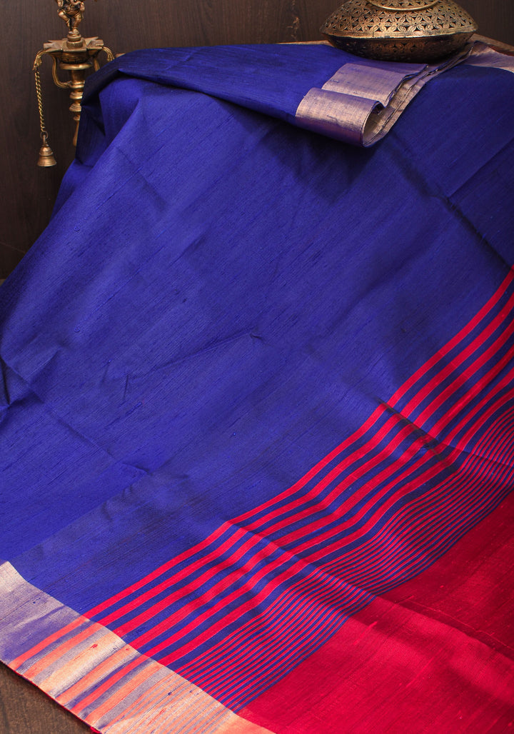 Pure Raw Silk Saree in Blue and  Zari Border | SILK MARK CERTIFIED