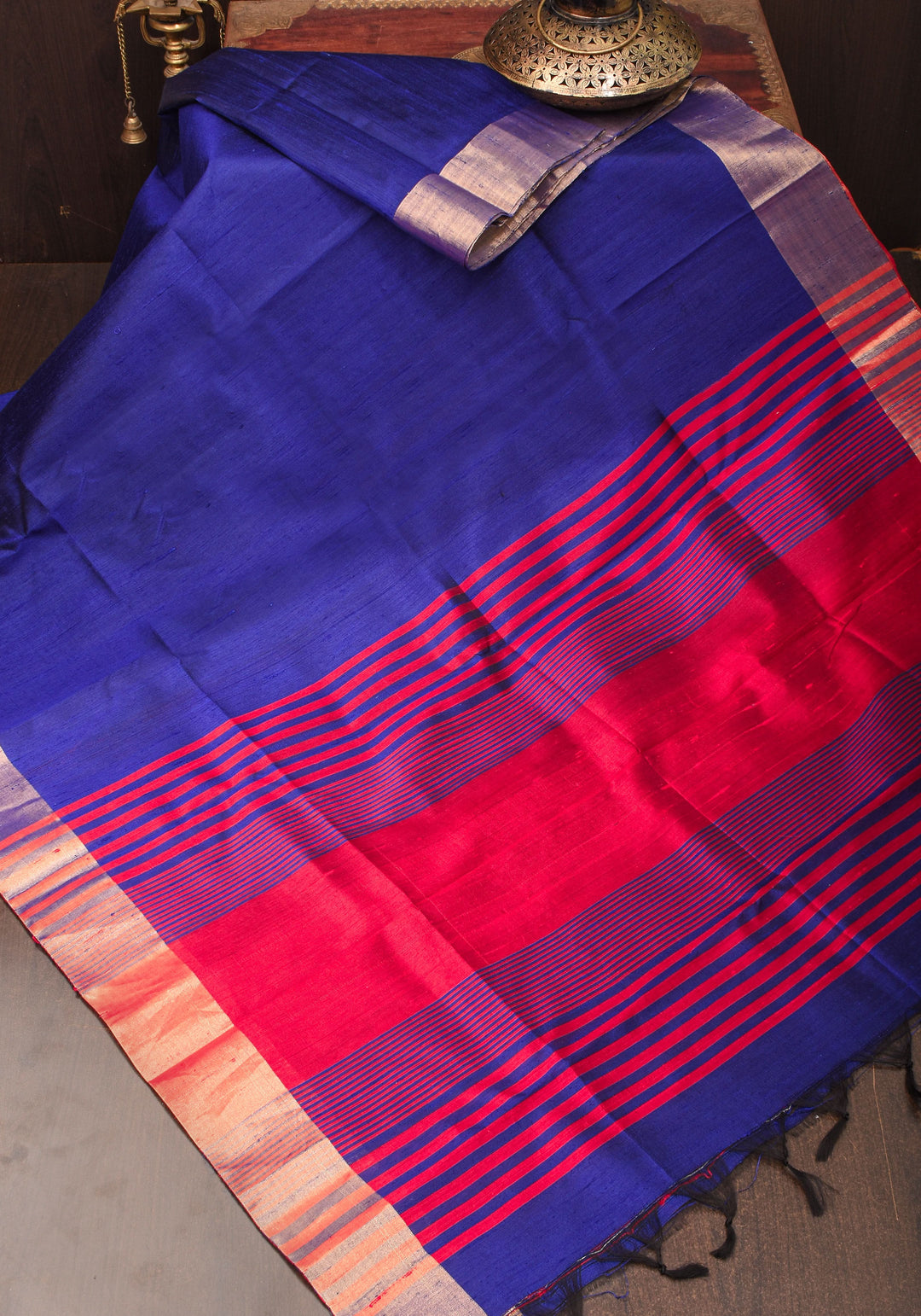 Pure Raw Silk Saree in Blue and  Zari Border | SILK MARK CERTIFIED
