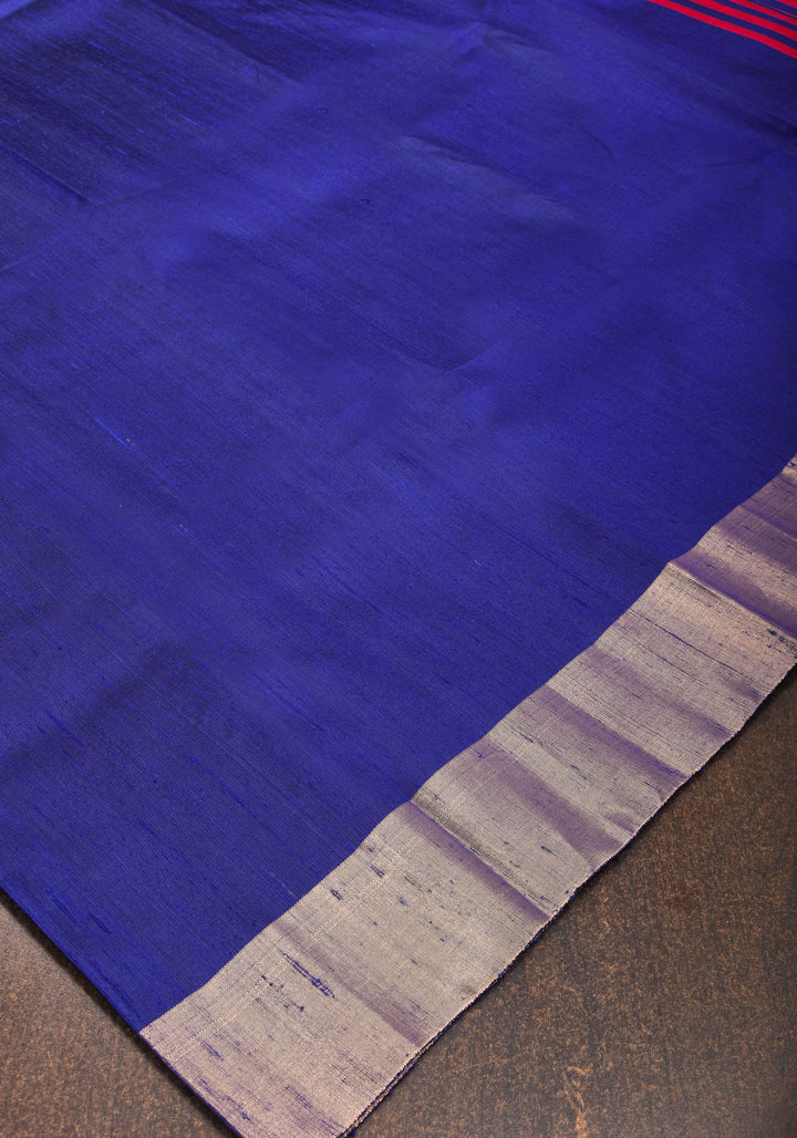 Pure Raw Silk Saree in Blue and  Zari Border | SILK MARK CERTIFIED