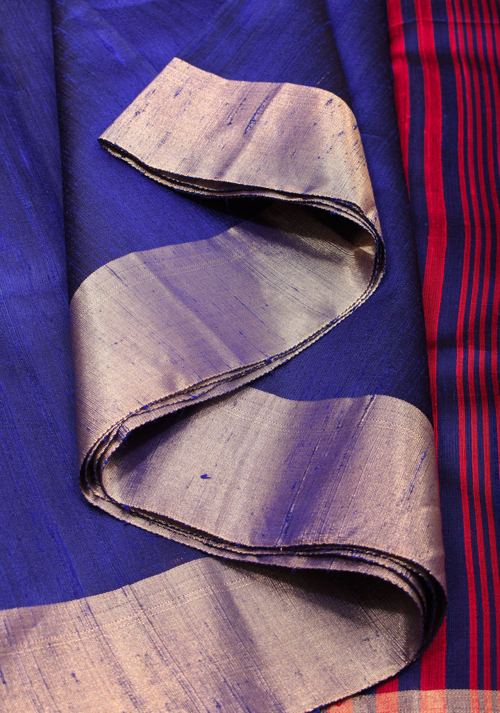 Pure Raw Silk Saree in Blue and  Zari Border | SILK MARK CERTIFIED