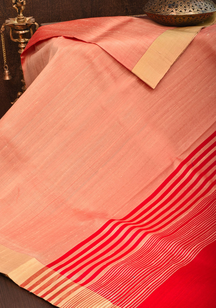 Peachy Pink Pure Raw Silk Saree and Gold Zari Border | SILK MARK CERTIFIED