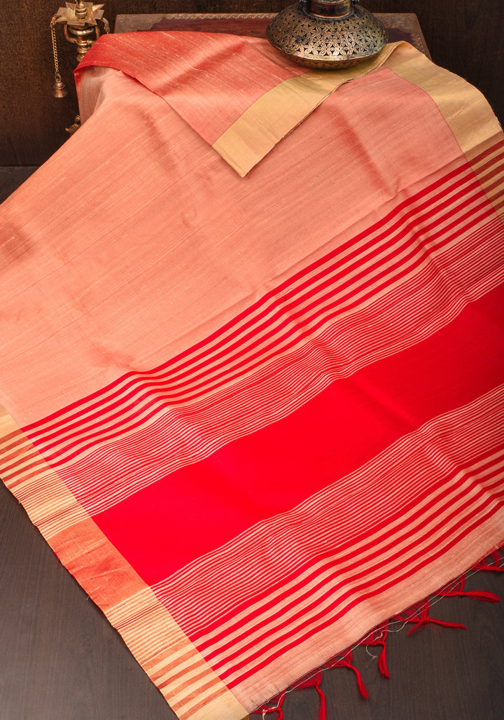 Peachy Pink Pure Raw Silk Saree and Gold Zari Border | SILK MARK CERTIFIED