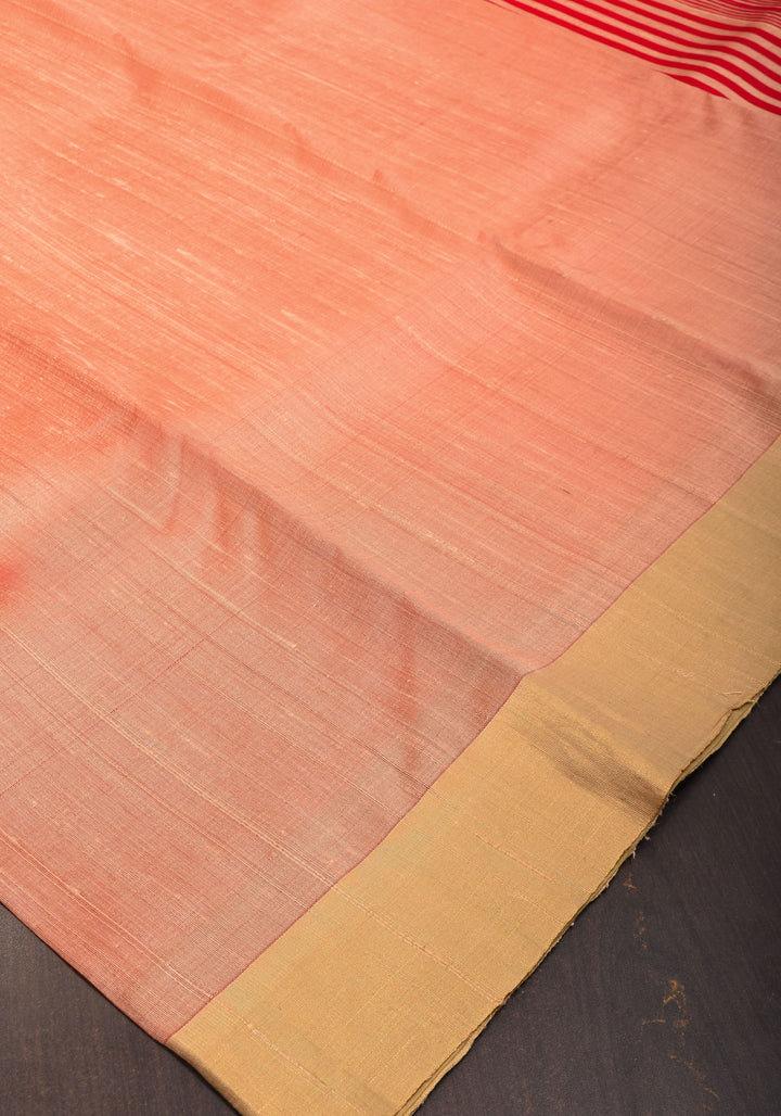 Peachy Pink Pure Raw Silk Saree and Gold Zari Border | SILK MARK CERTIFIED