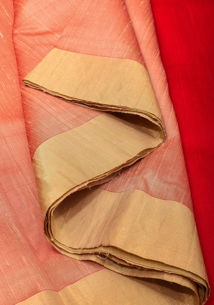 Peachy Pink Pure Raw Silk Saree and Gold Zari Border | SILK MARK CERTIFIED