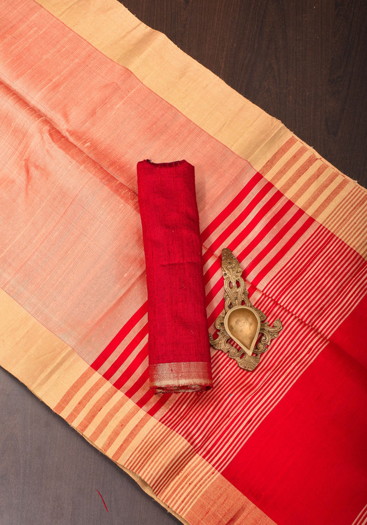 Peachy Pink Pure Raw Silk Saree and Gold Zari Border | SILK MARK CERTIFIED