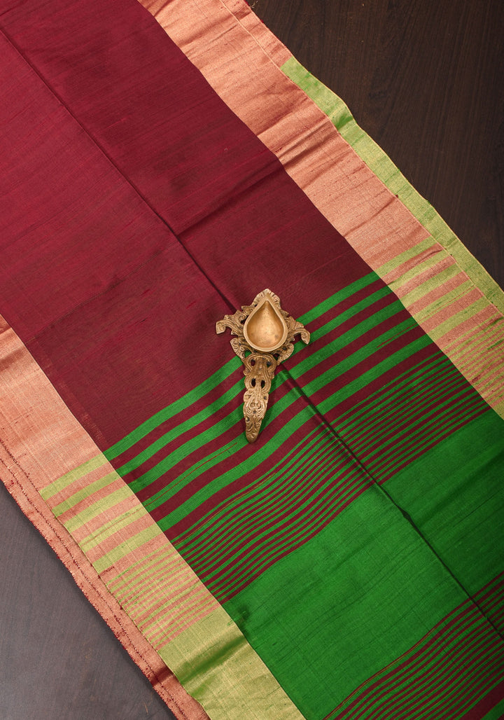 Red and Green Pure Raw Silk Saree with Tissue Zari Border | SILK MARK CERTIFIED