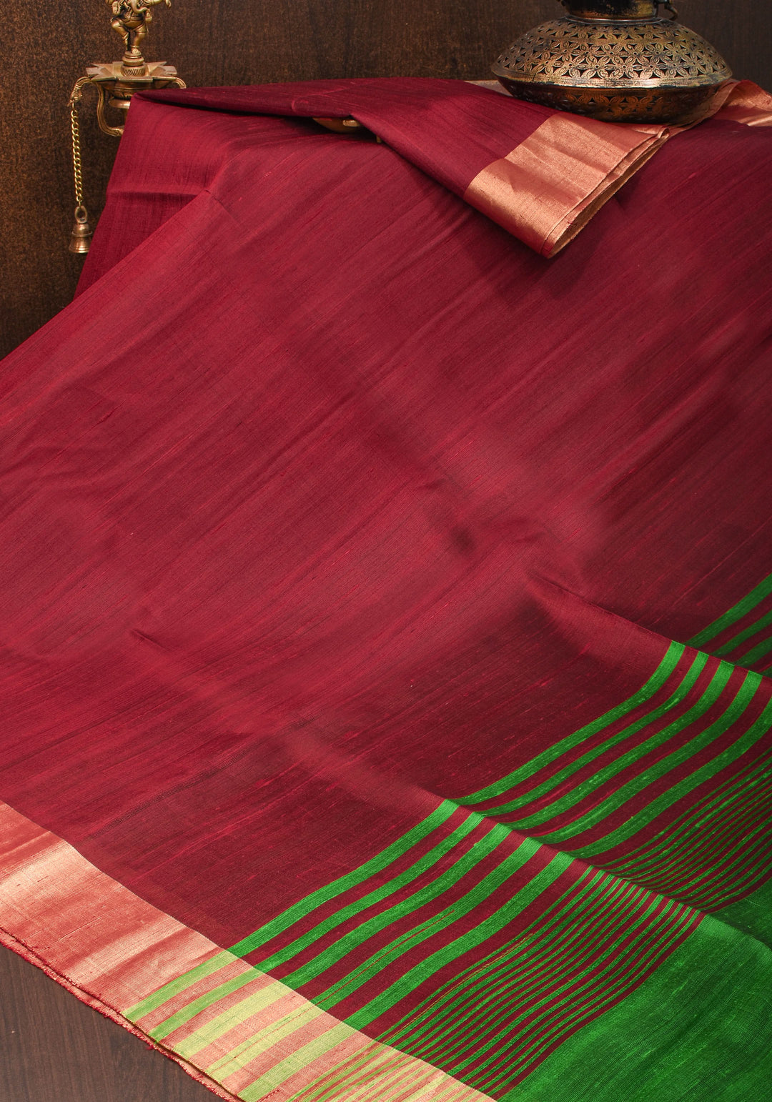 Red and Green Pure Raw Silk Saree with Tissue Zari Border | SILK MARK CERTIFIED