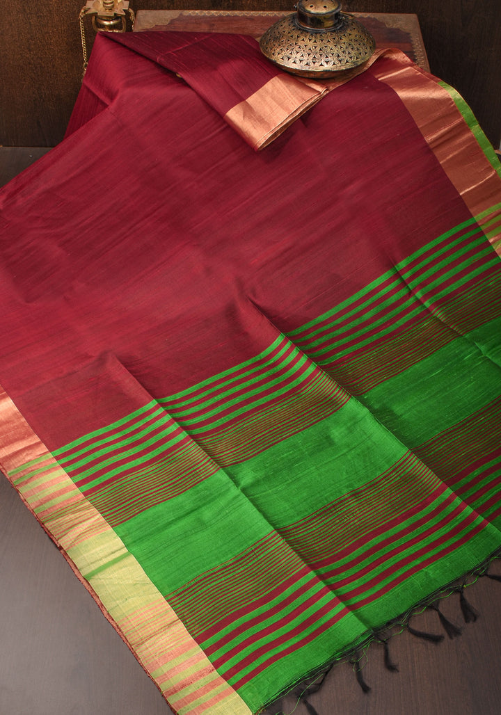 Red and Green Pure Raw Silk Saree with Tissue Zari Border | SILK MARK CERTIFIED