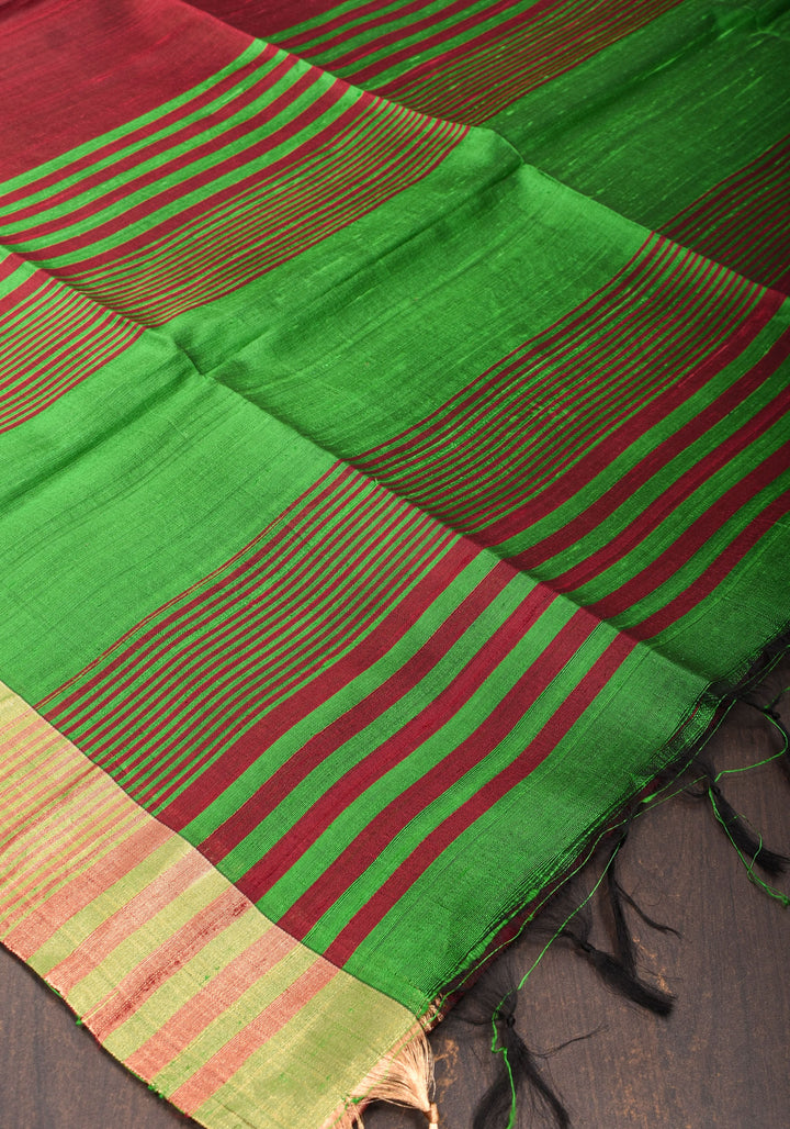 Red and Green Pure Raw Silk Saree with Tissue Zari Border | SILK MARK CERTIFIED