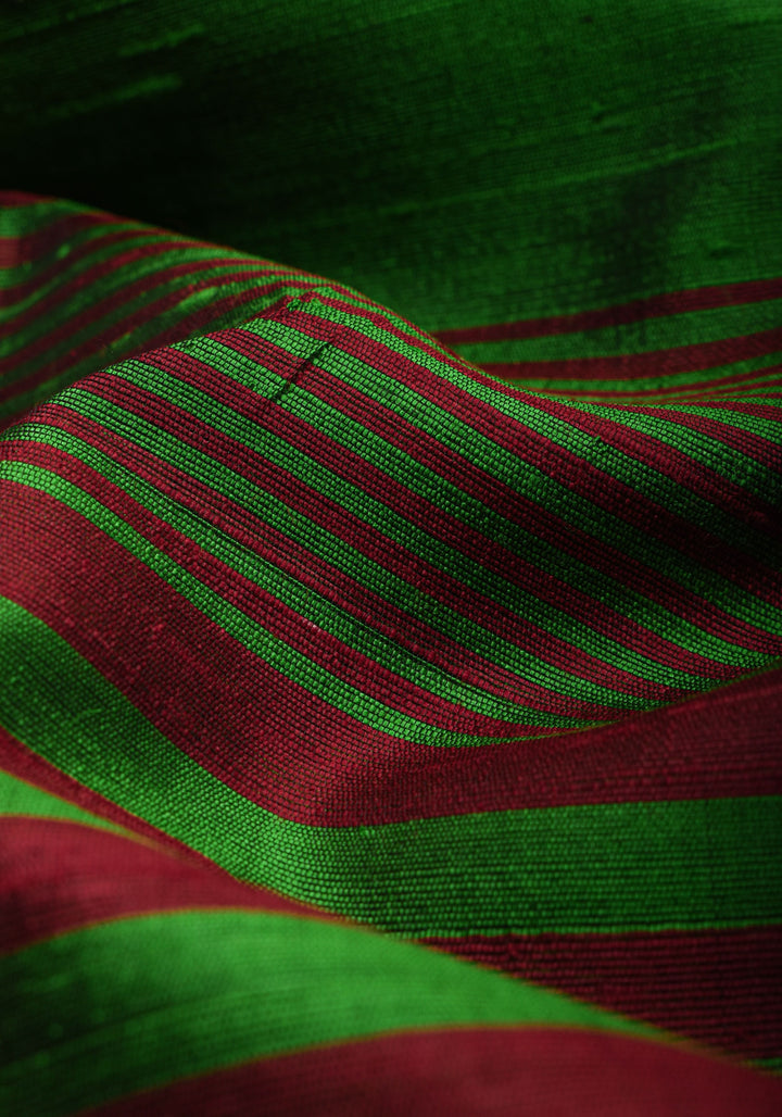 Red and Green Pure Raw Silk Saree with Tissue Zari Border | SILK MARK CERTIFIED