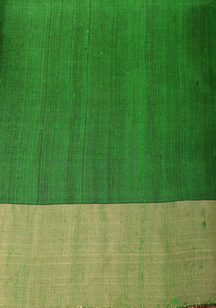 Red and Green Pure Raw Silk Saree with Tissue Zari Border | SILK MARK CERTIFIED