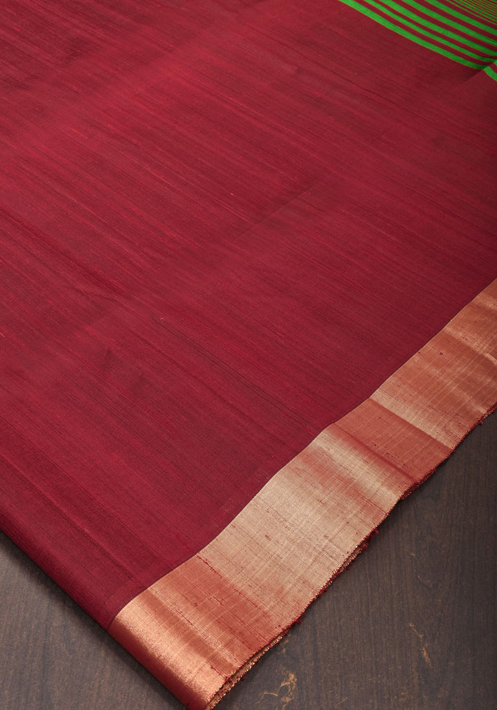 Red and Green Pure Raw Silk Saree with Tissue Zari Border | SILK MARK CERTIFIED