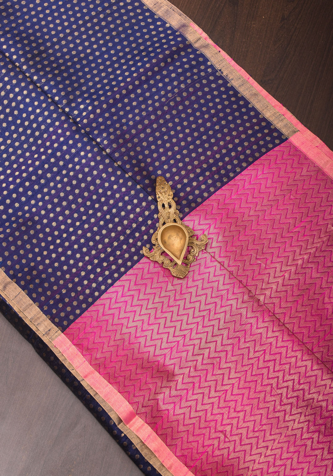 Midnight Blue and Pink Pure Raw Silk Saree  with Full Body Zari buttas | SILK MARK CERTIFIED