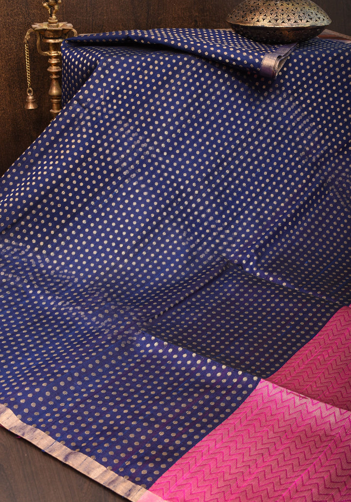Midnight Blue and Pink Pure Raw Silk Saree  with Full Body Zari buttas | SILK MARK CERTIFIED