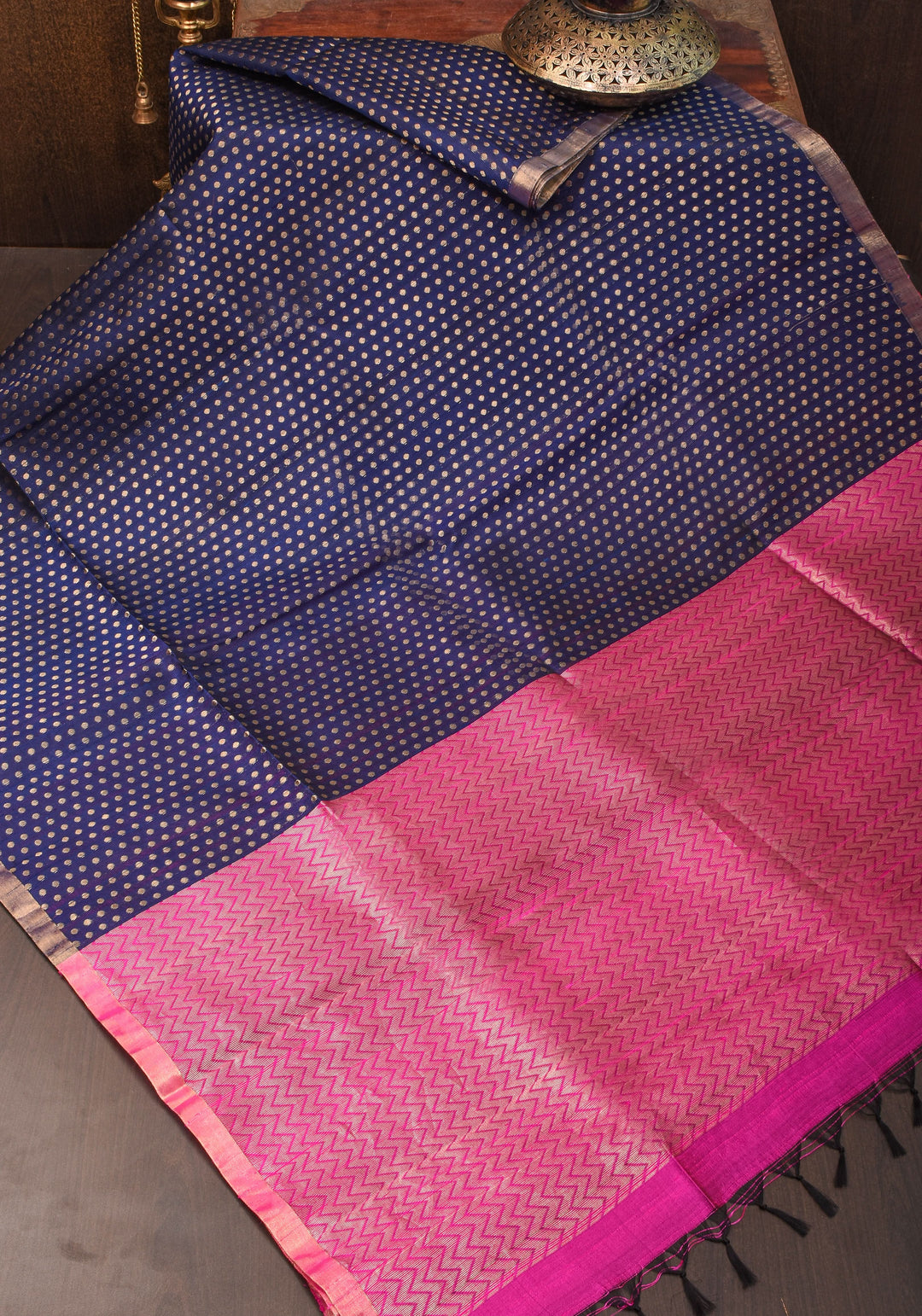 Midnight Blue and Pink Pure Raw Silk Saree  with Full Body Zari buttas | SILK MARK CERTIFIED