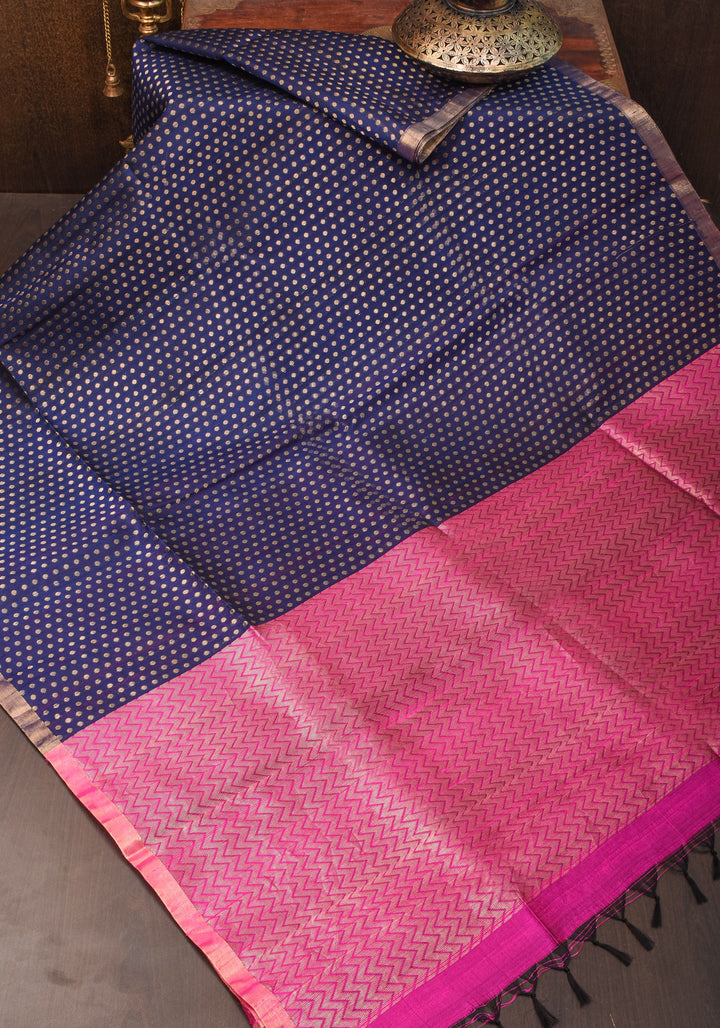 Midnight Blue and Pink Pure Raw Silk Saree  with Full Body Zari buttas | SILK MARK CERTIFIED