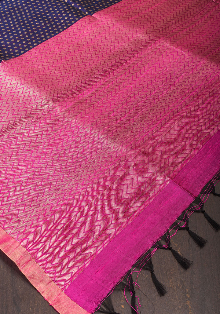 Midnight Blue and Pink Pure Raw Silk Saree  with Full Body Zari buttas | SILK MARK CERTIFIED