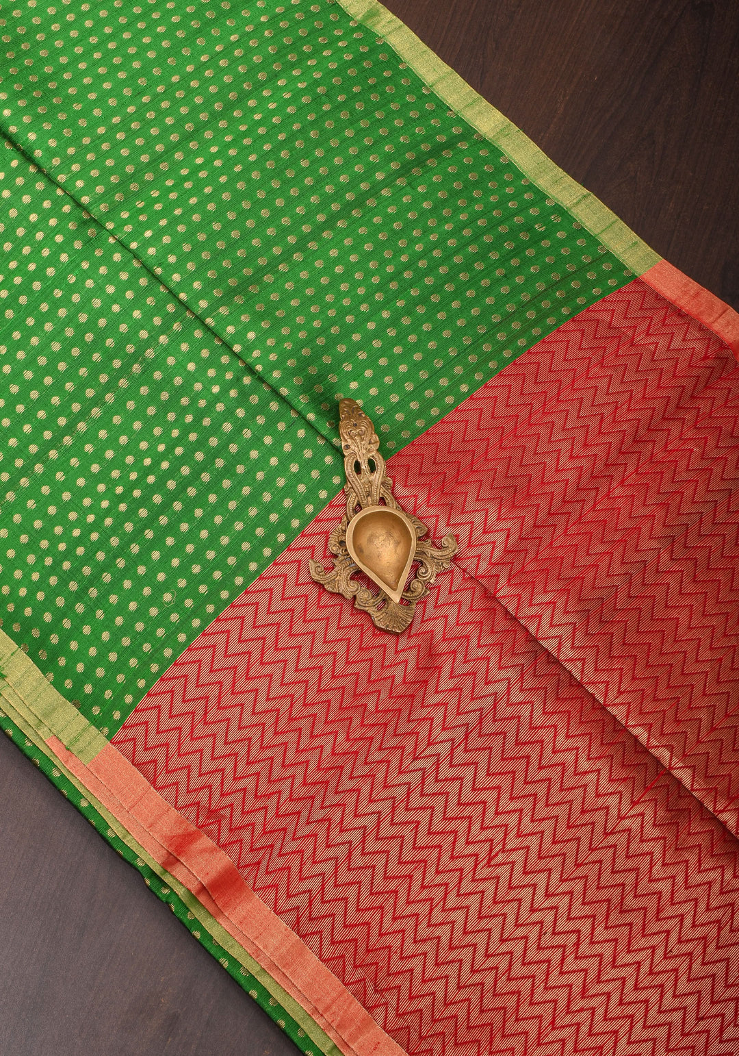 Leaf Green and Red Pure Raw Silk Saree with Full Body Zari buttas | SILK MARK CERTIFIED