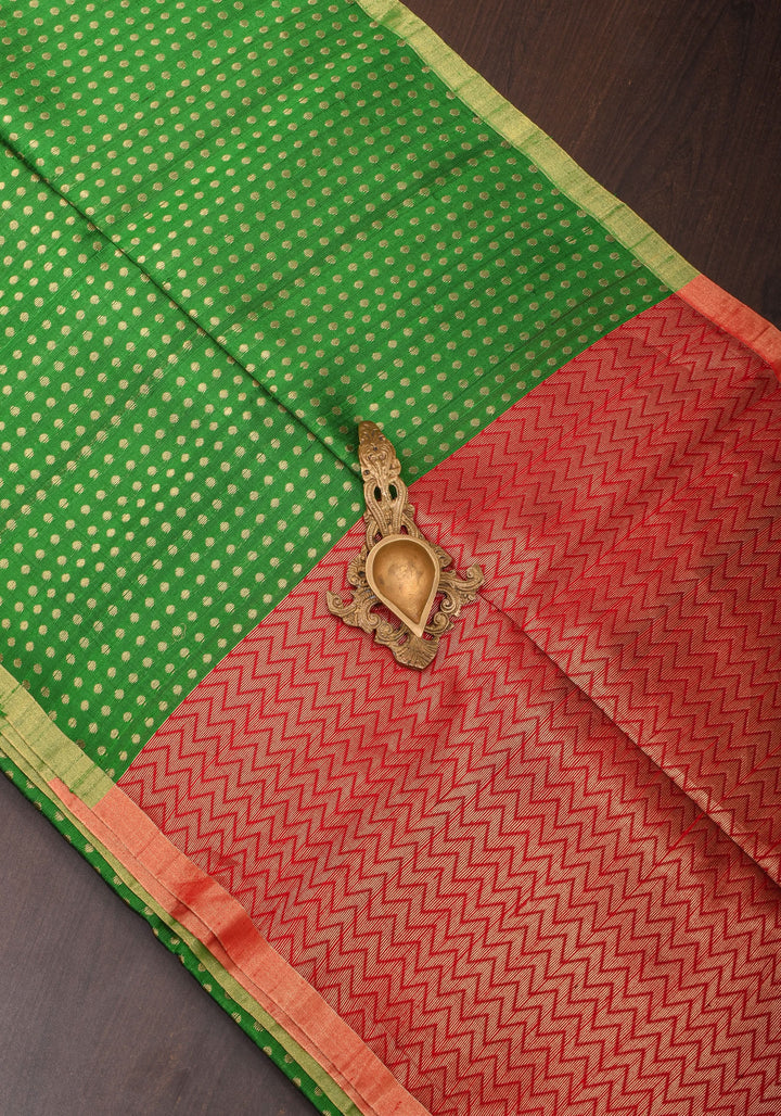 Leaf Green and Red Pure Raw Silk Saree with Full Body Zari buttas | SILK MARK CERTIFIED