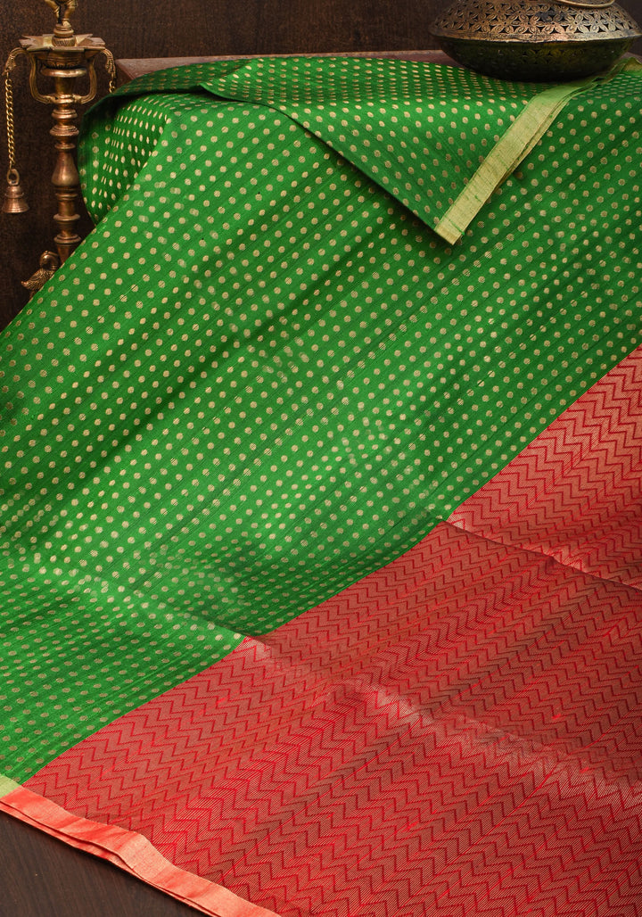 Leaf Green and Red Pure Raw Silk Saree with Full Body Zari buttas | SILK MARK CERTIFIED