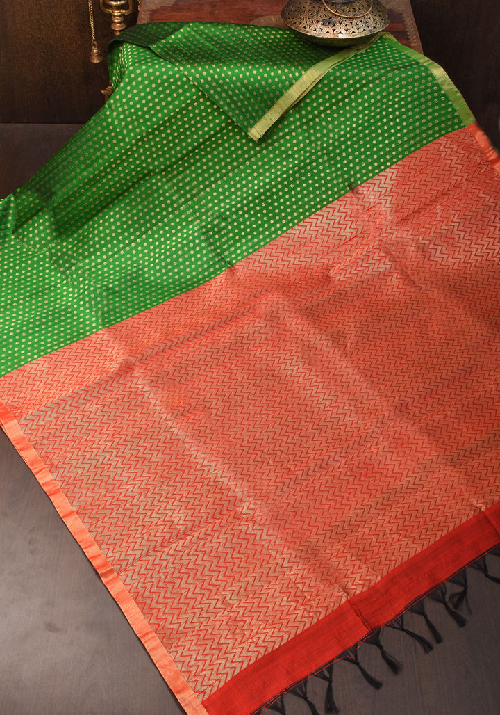 Leaf Green and Red Pure Raw Silk Saree with Full Body Zari buttas | SILK MARK CERTIFIED