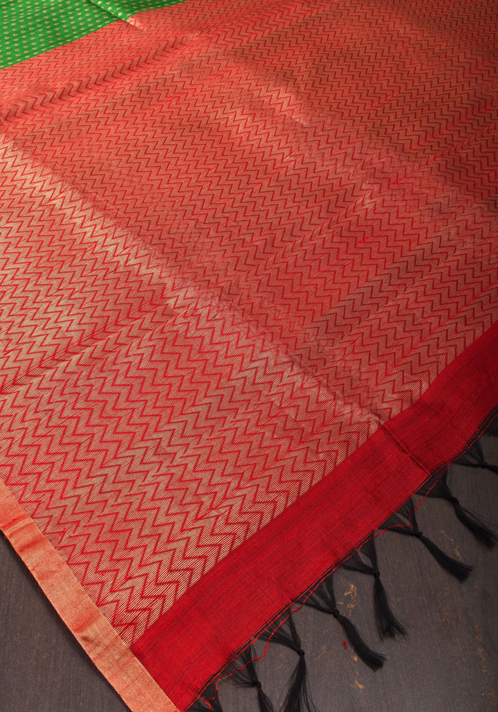 Leaf Green and Red Pure Raw Silk Saree with Full Body Zari buttas | SILK MARK CERTIFIED
