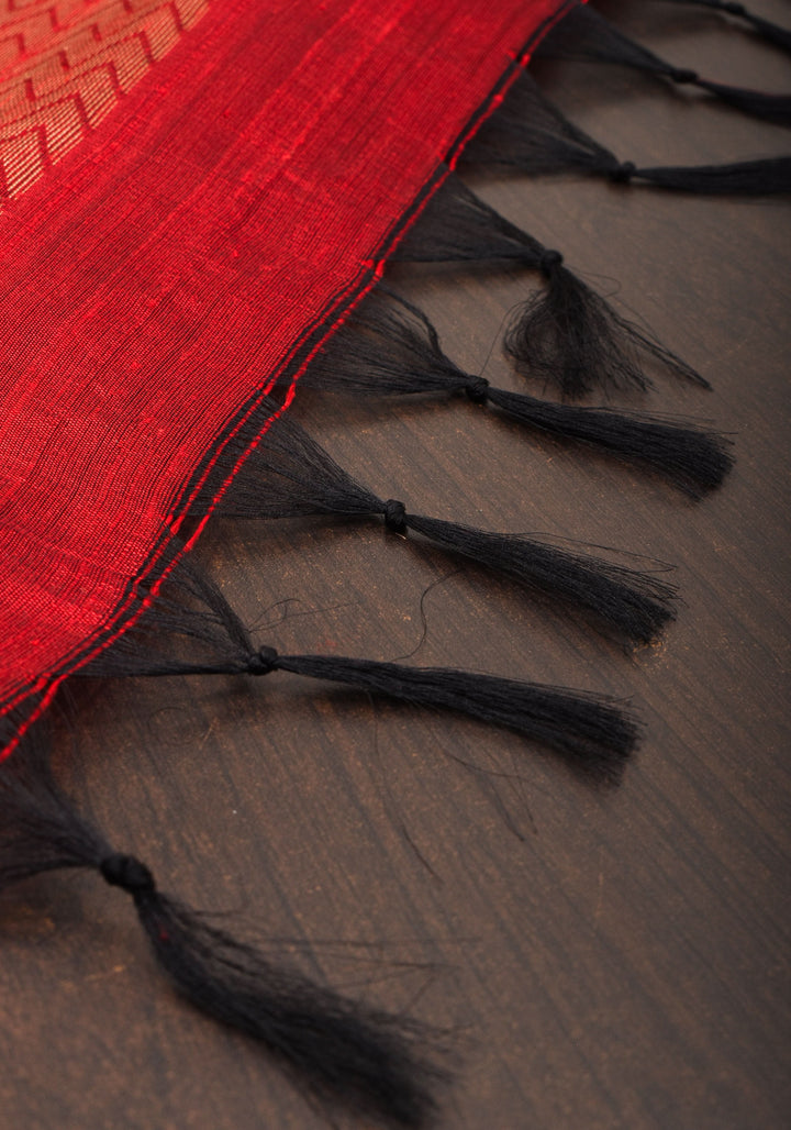 Leaf Green and Red Pure Raw Silk Saree with Full Body Zari buttas | SILK MARK CERTIFIED