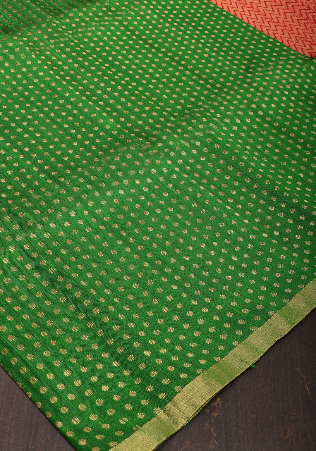 Leaf Green and Red Pure Raw Silk Saree with Full Body Zari buttas | SILK MARK CERTIFIED