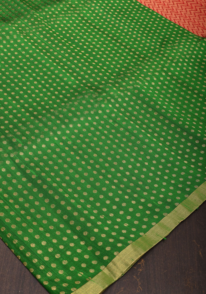 Leaf Green and Red Pure Raw Silk Saree with Full Body Zari buttas | SILK MARK CERTIFIED