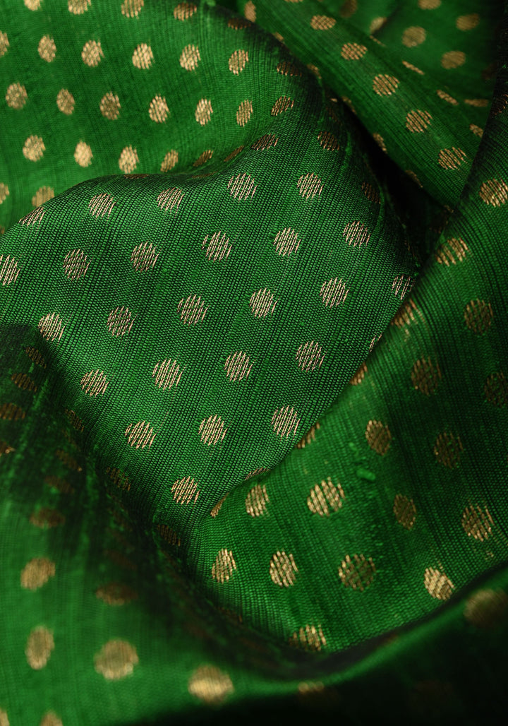 Leaf Green and Red Pure Raw Silk Saree with Full Body Zari buttas | SILK MARK CERTIFIED