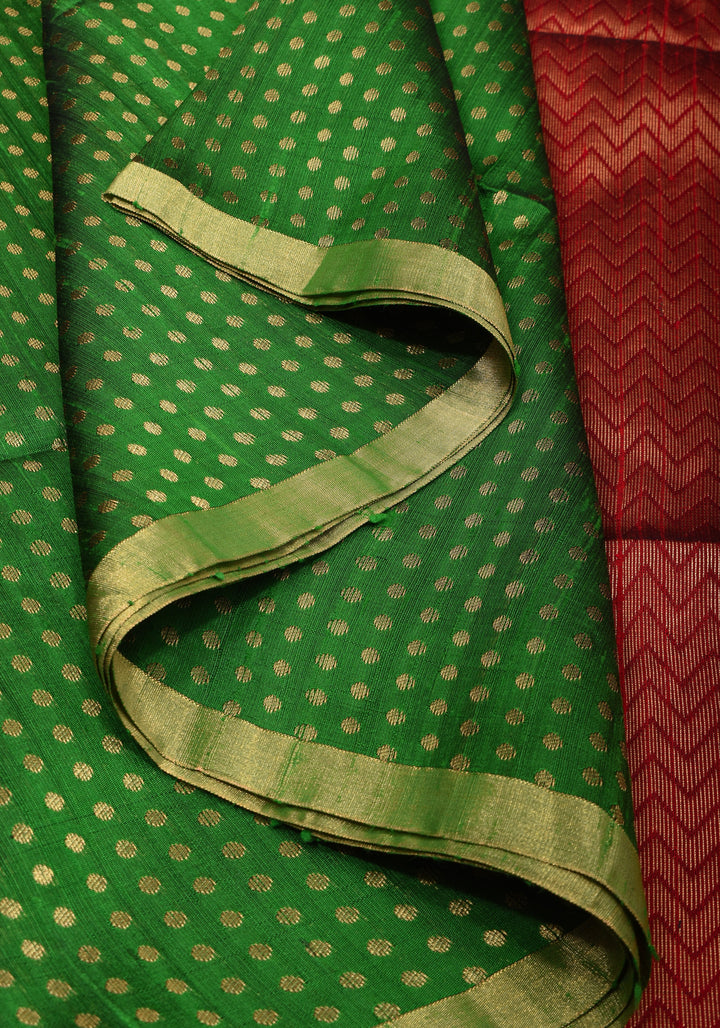 Leaf Green and Red Pure Raw Silk Saree with Full Body Zari buttas | SILK MARK CERTIFIED