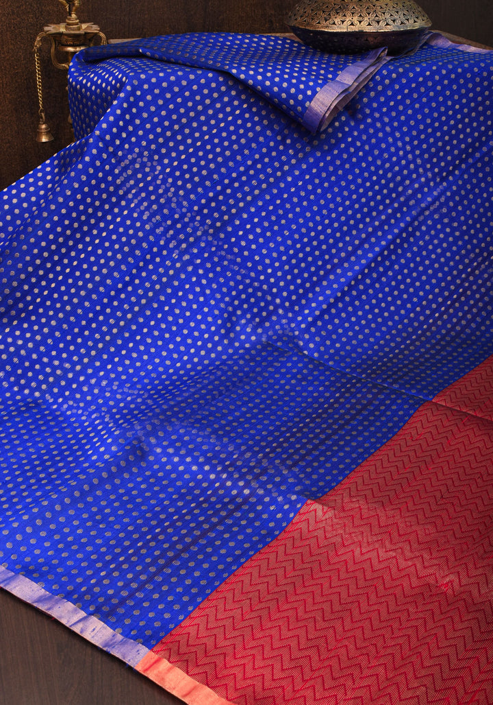 Blue and Red Pure Raw Silk Saree with Full Body Zari buttas | SILK MARK CERTIFIED
